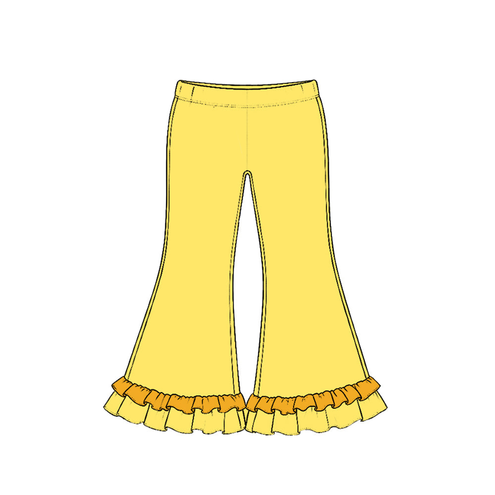 Preorder (moq 5) P1301 Baby Girl Clothes Solid Yellow Plain Print Long Sleeve Ruffle Flare Pants