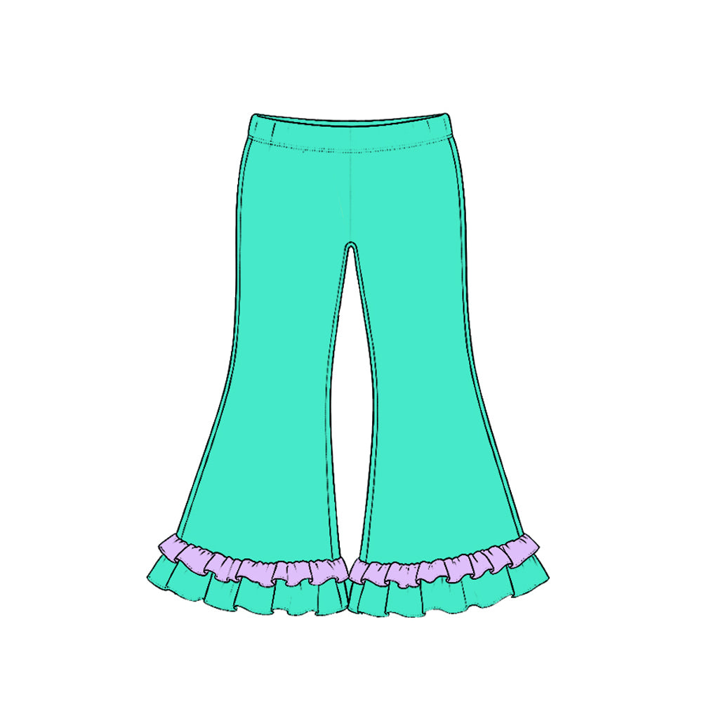 Preorder (moq 5) P1302 Baby Girl Clothes Solid Teal Plain Print Long Sleeve Ruffle Flare Pants