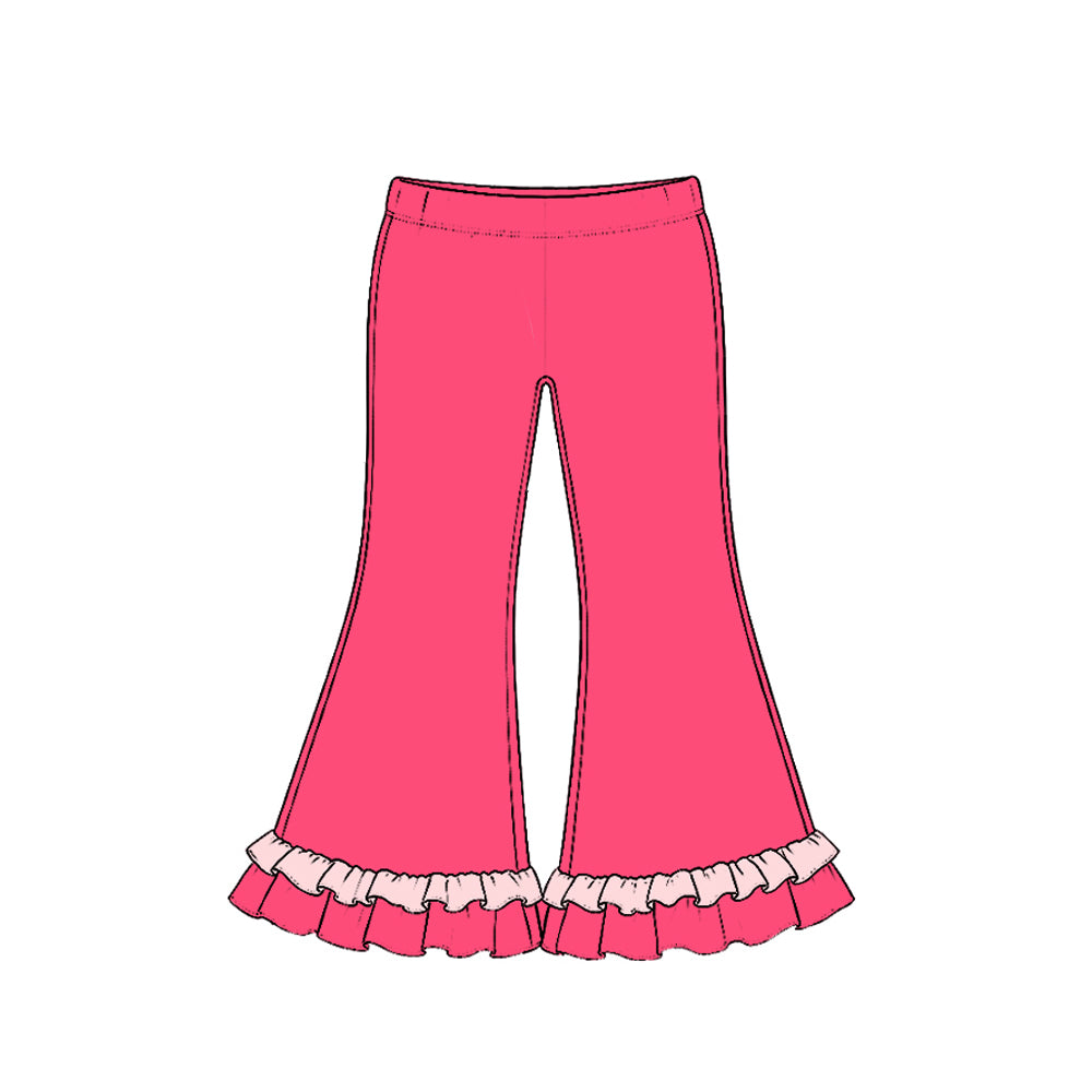 Preorder (moq 5) P1304 Baby Girl Clothes Solid Hot Pink Plain Print Long Sleeve Ruffle Flare Pants