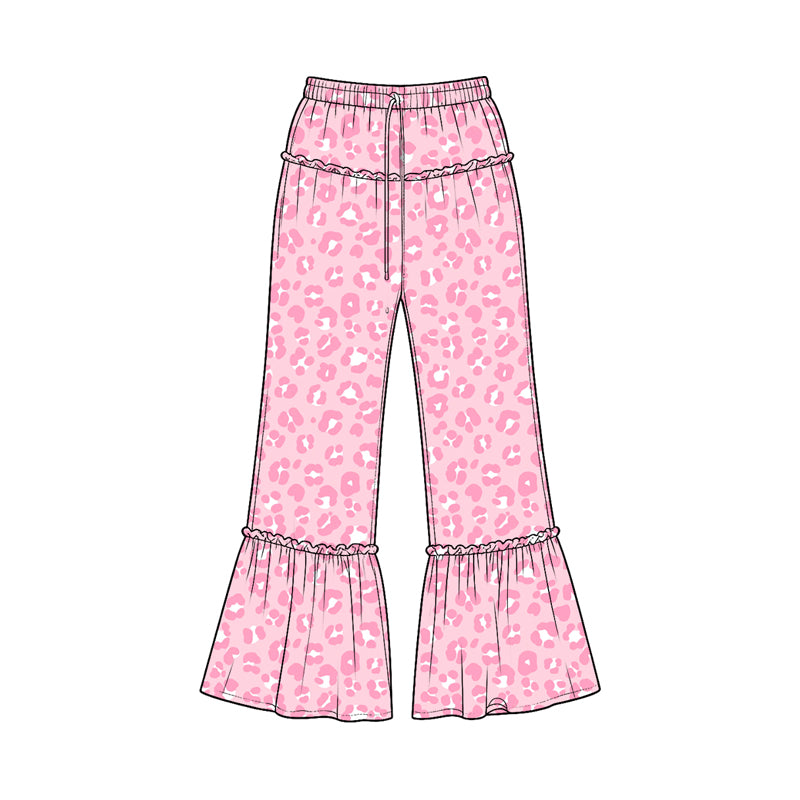 Preorder (moq 5) P1318 Baby Girl Clothes Pink Leopard Print Long Sleeve Ruffle Tiered Flare Pants