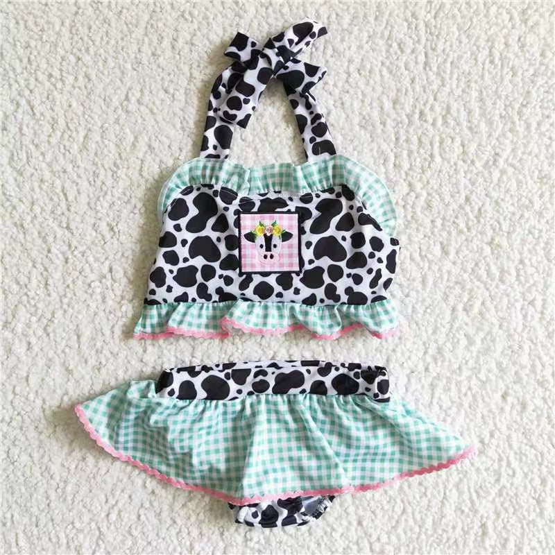 S0005 cow embroidery print green white plaid girl swimwear 2pcs