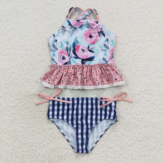 S0158 girls swimwear flower plaid 2pcs swim suit 20230808 RTS