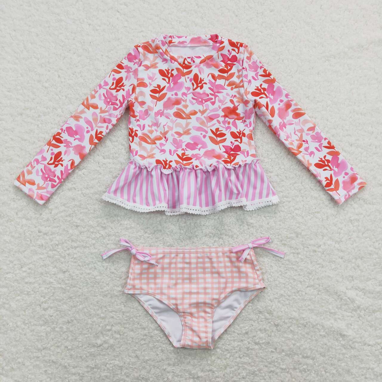 S0166 colorful flowers ruffles red autumnal leaves pink yellow white long sleeve swimming suit bathing suit 202402