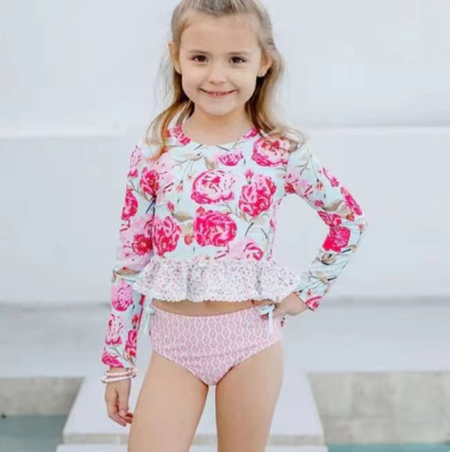 S0167 colorful flowers ruffles pink yellow white long sleeve swimming suit bathing suit 20230727