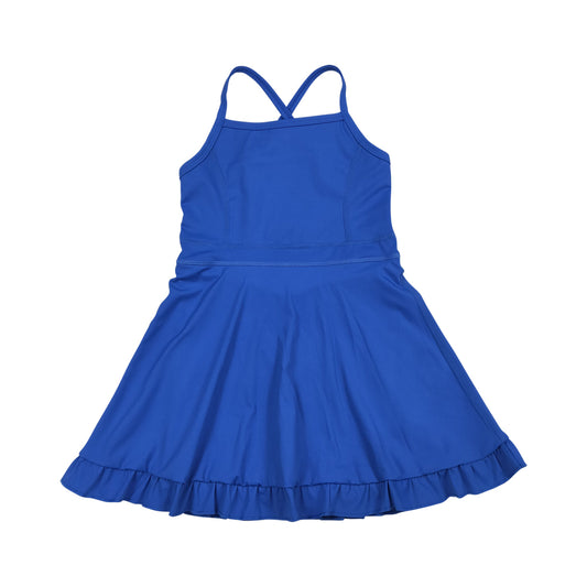 NO MOQ RTS S0551 Girl Clothes Solid Royal Blue Plain Print Sleeveless Criss Cross Strap Ruffle Hem Tennis Dress 202610