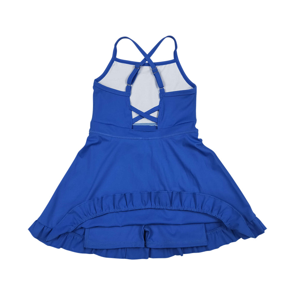 NO MOQ RTS S0551 Girl Clothes Solid Royal Blue Plain Print Sleeveless Criss Cross Strap Ruffle Hem Tennis Dress 202610