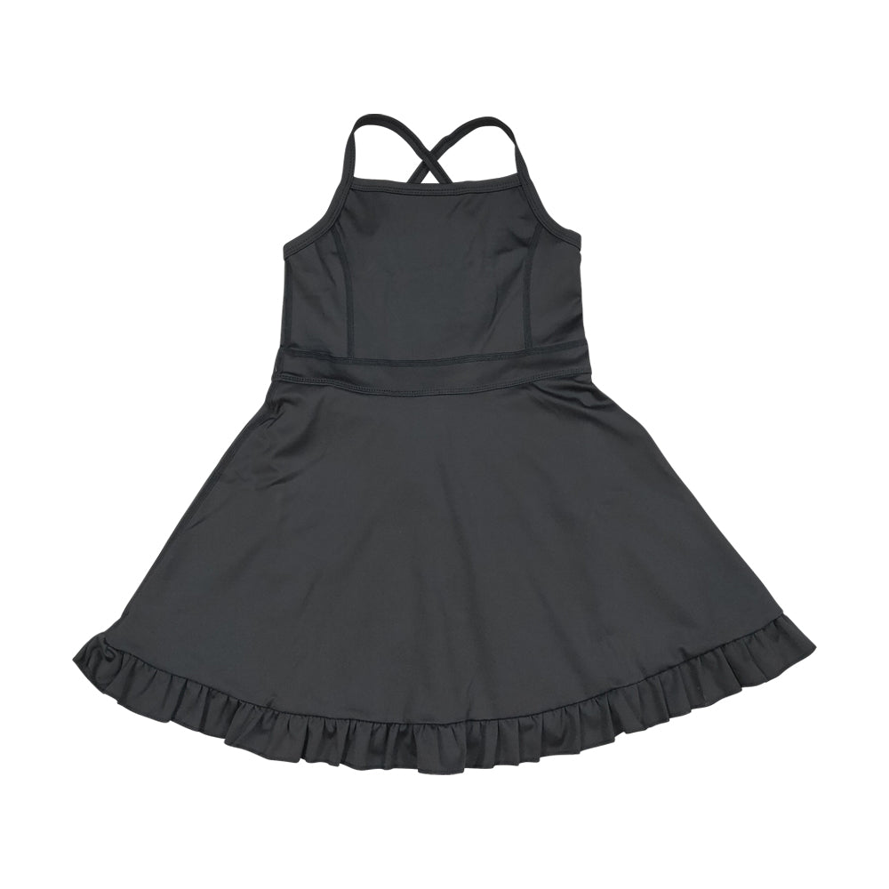 NO MOQ RTS S0552 Girl Clothes Solid Black Plain Print Sleeveless Criss Cross Strap Ruffle Hem Tennis Dress 202610