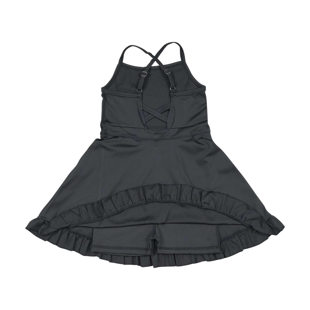 NO MOQ RTS S0552 Girl Clothes Solid Black Plain Print Sleeveless Criss Cross Strap Ruffle Hem Tennis Dress 202610