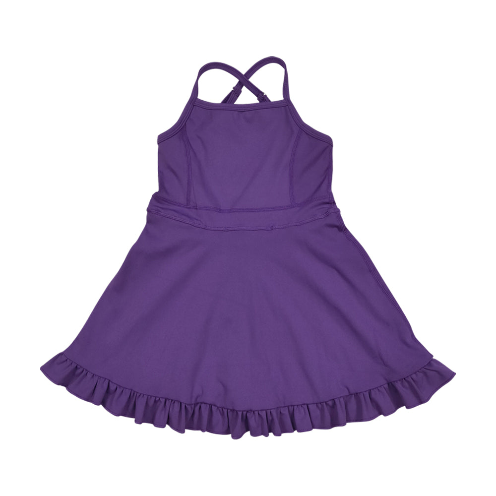 NO MOQ RTS S0554 Girl Clothes Solid Purple Plain Print Sleeveless Criss Cross Strap Ruffle Hem Tennis Dress 202610