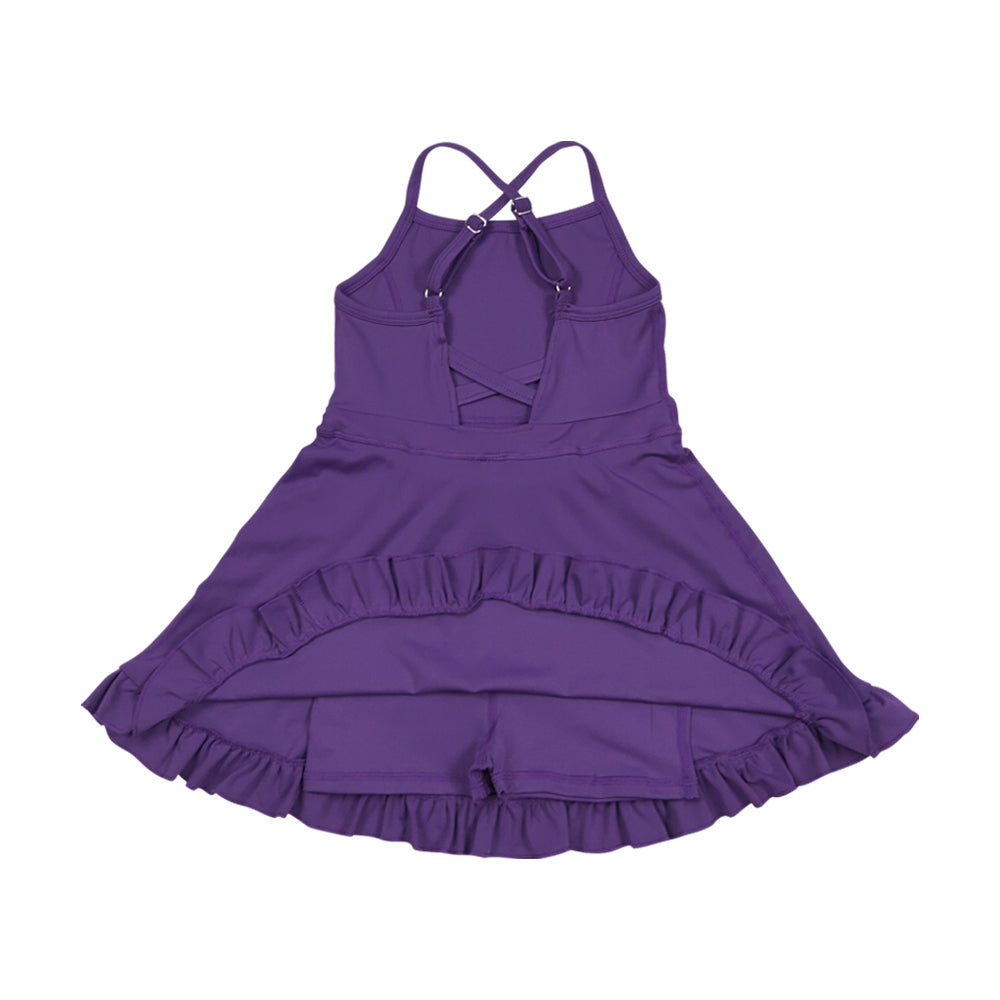 NO MOQ RTS S0554 Girl Clothes Solid Purple Plain Print Sleeveless Criss Cross Strap Ruffle Hem Tennis Dress 202610