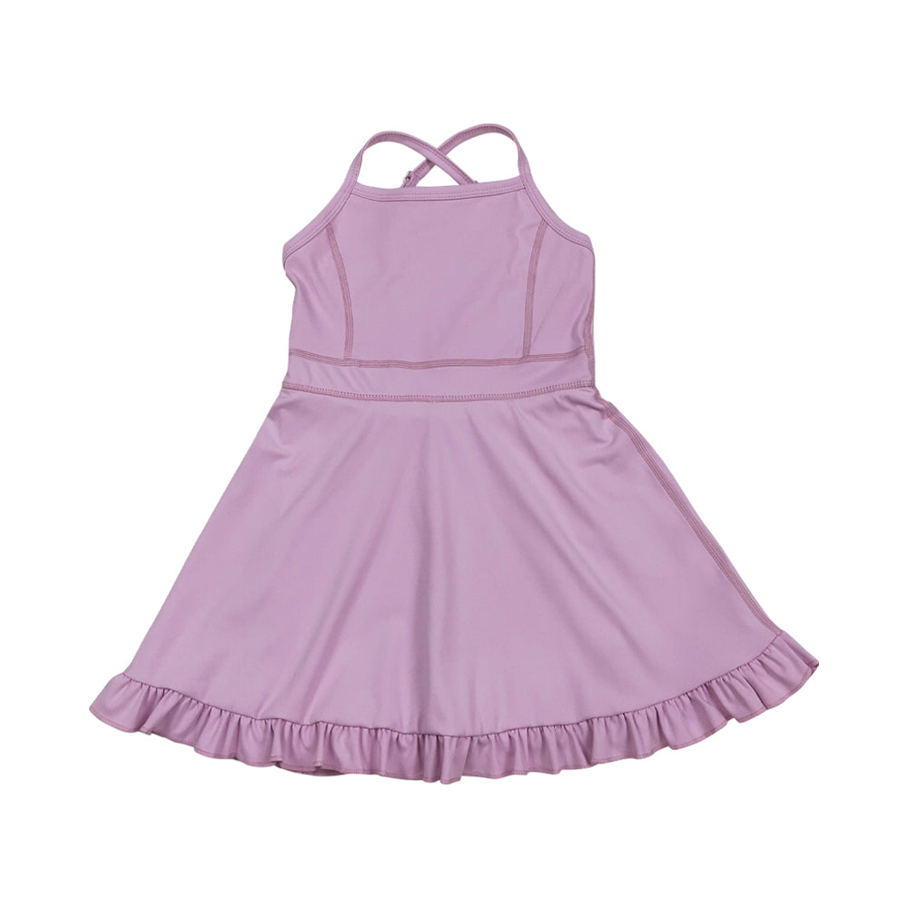 NO MOQ RTS S0712 Girl Clothes Solid Light Pink Plain Print Sleeveless Criss Cross Strap Ruffle Hem Tennis Dress 202610