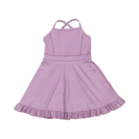 NO MOQ RTS S0712 Girl Clothes Solid Light Pink Plain Print Sleeveless Criss Cross Strap Ruffle Hem Tennis Dress 202610