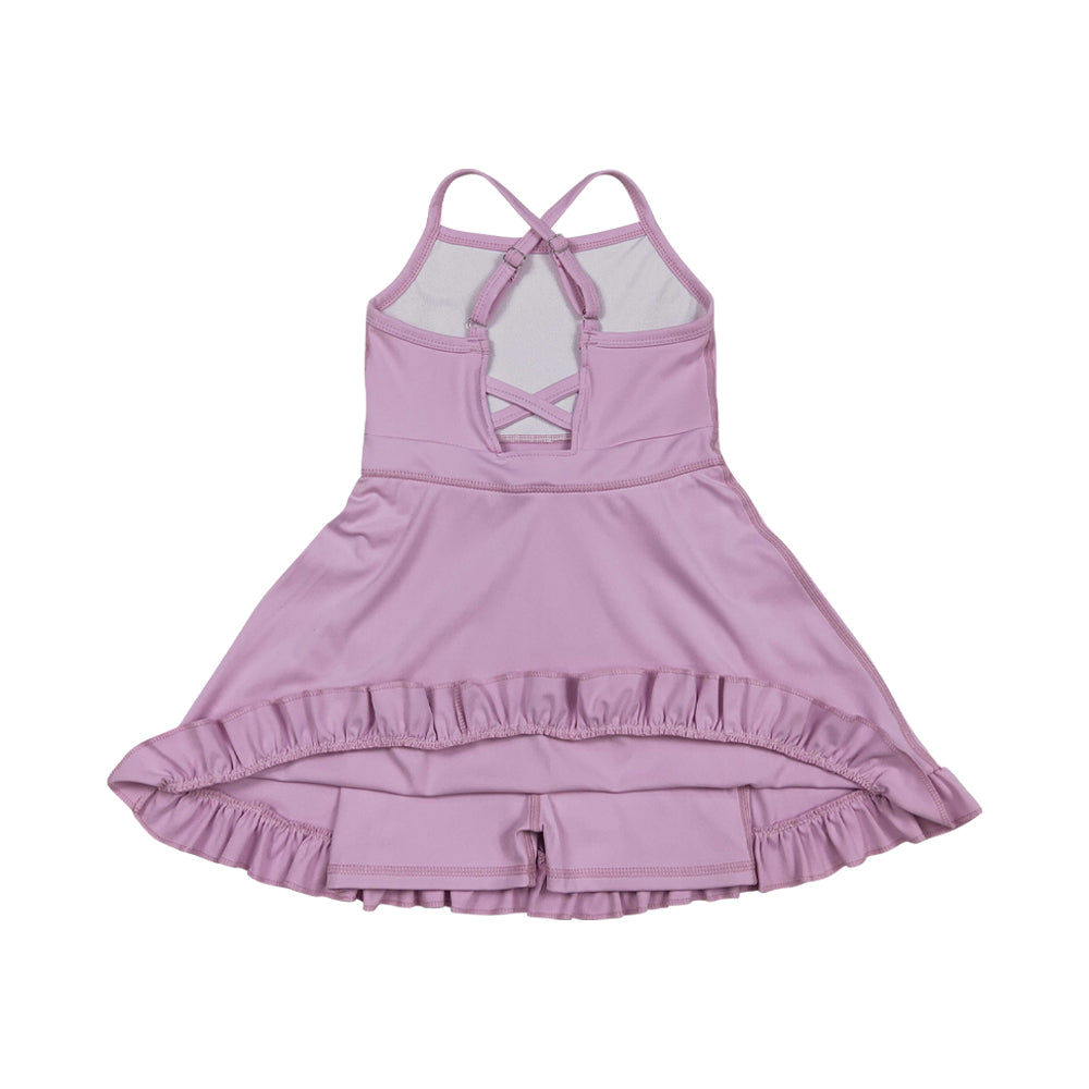 NO MOQ RTS S0712 Girl Clothes Solid Light Pink Plain Print Sleeveless Criss Cross Strap Ruffle Hem Tennis Dress 202610