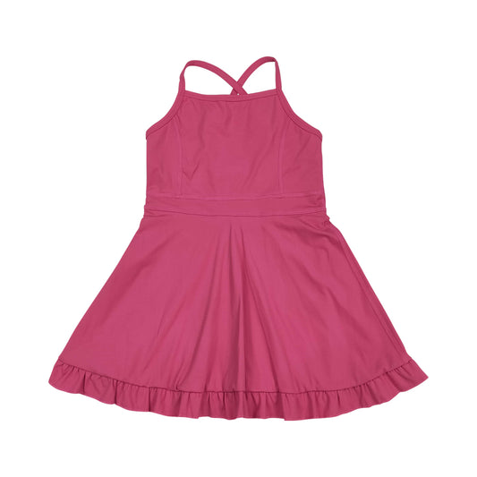 NO MOQ RTS S0727 Girl Clothes Solid Rose Red Plain Print Sleeveless Criss Cross Strap Ruffle Hem Tennis Dress 202610