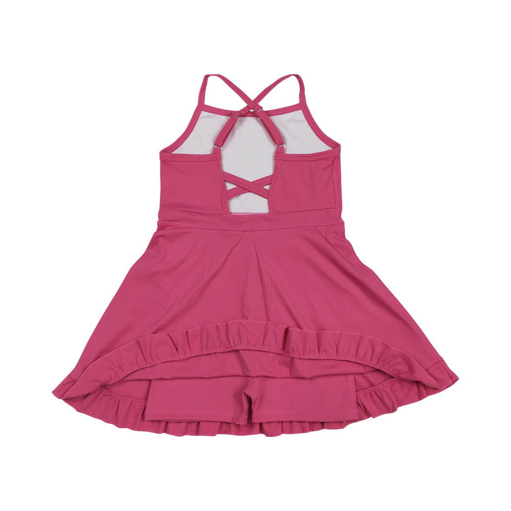 NO MOQ RTS S0727 Girl Clothes Solid Rose Red Plain Print Sleeveless Criss Cross Strap Ruffle Hem Tennis Dress 202610