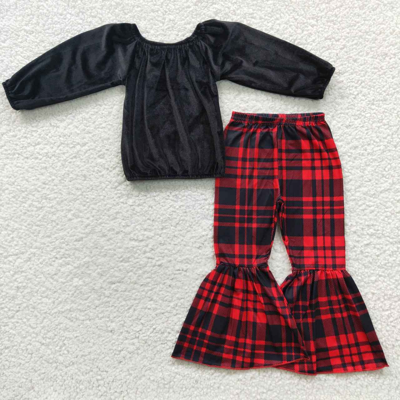 组合GLP0630 long sleeve red plaid black velvet top girl outfit 20230706 RTS