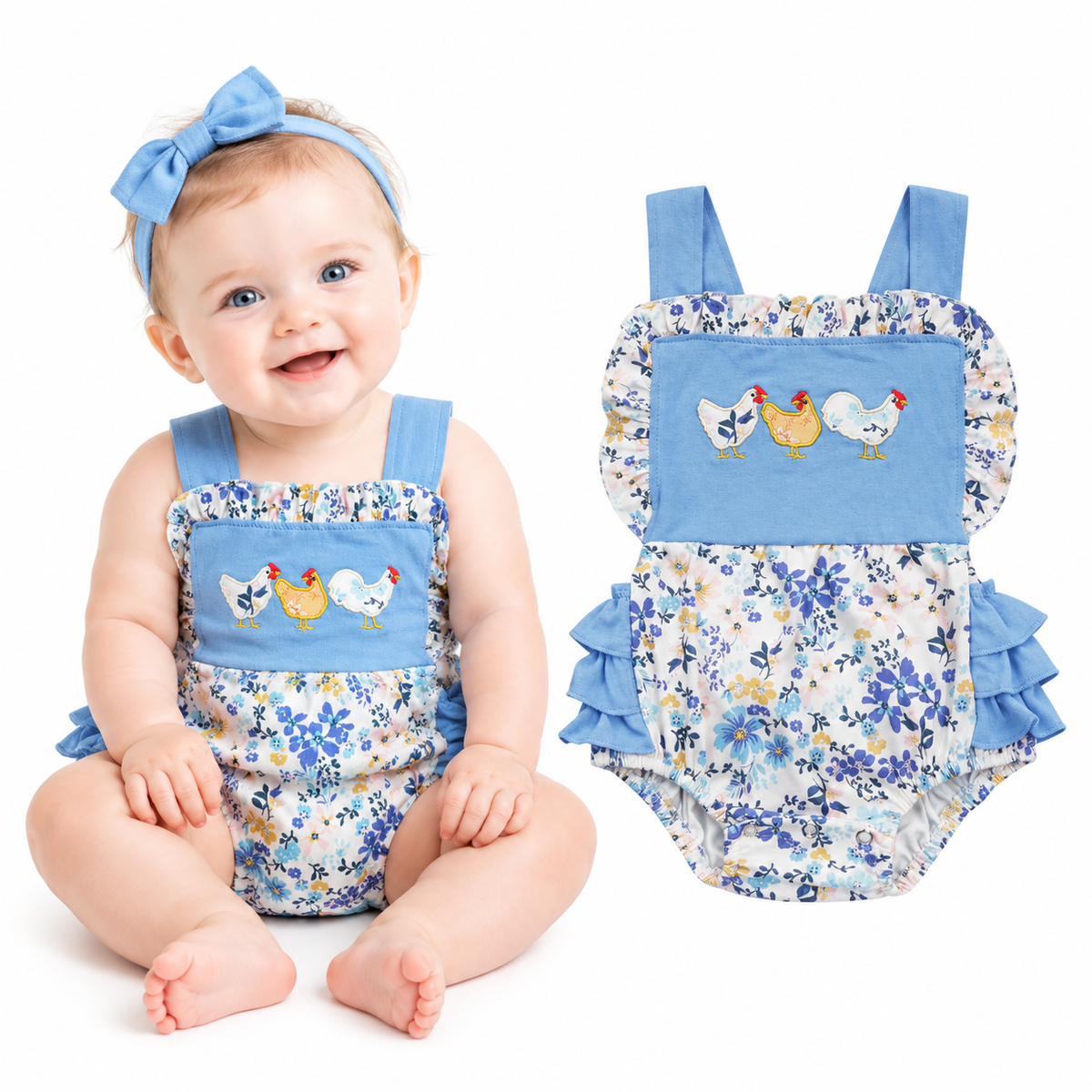 NO MOQ RTS SR0285 Baby Girl Clothes Floral Chicken Embroidery Sleeveless Ruffle Bubble Romper 202610