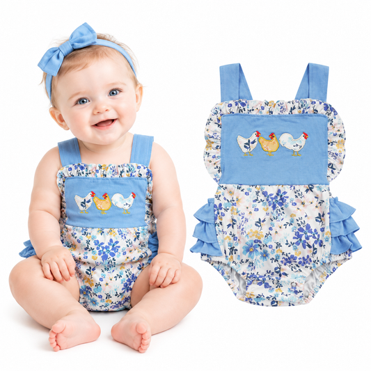 NO MOQ RTS SR0285 Baby Girl Clothes Floral Chicken Embroidery Sleeveless Ruffle Bubble Romper 202610
