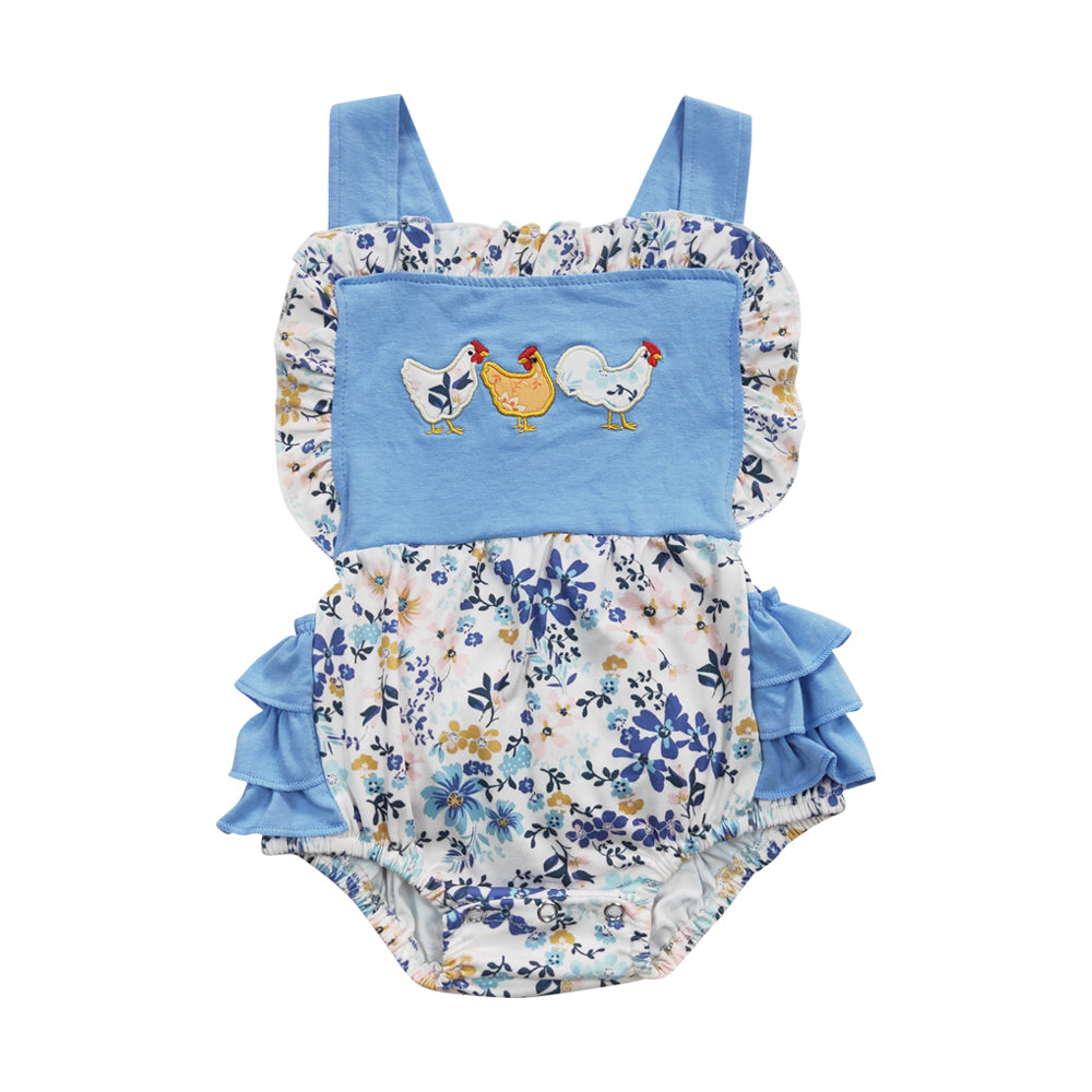 NO MOQ RTS SR0285 Baby Girl Clothes Floral Chicken Embroidery Sleeveless Ruffle Bubble Romper 202610