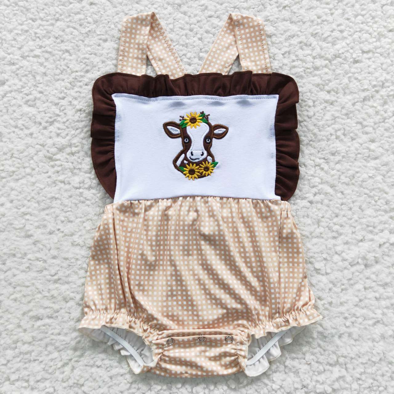 SR0312 western cow pink plaid short sleeve girl summer romper 20230526 RTS