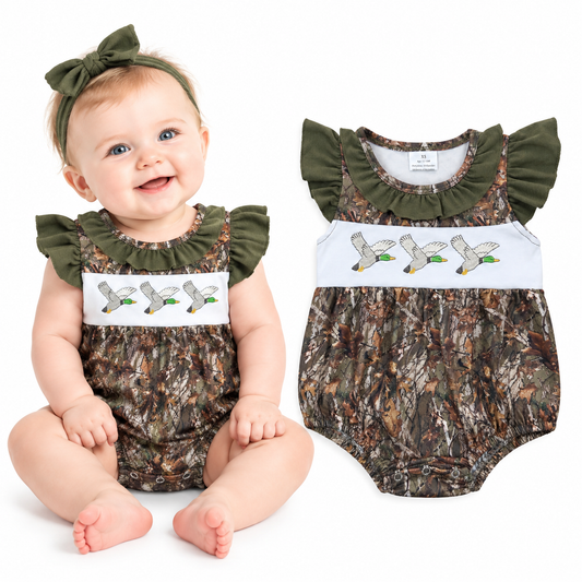 NO MOQ RTS SR0358 Baby Girl Clothes Camo Duck Embroidery Sleeveless Flutter Sleeve Bubble Romper 202610