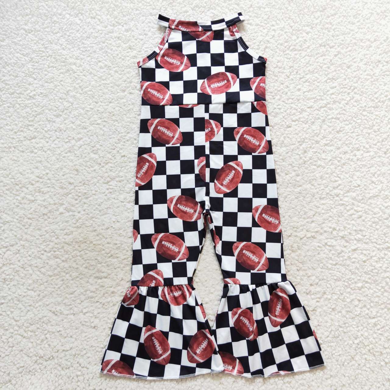 SR0445 RTS checkerboard football short sleeve girl jumpsuit overall 20230917