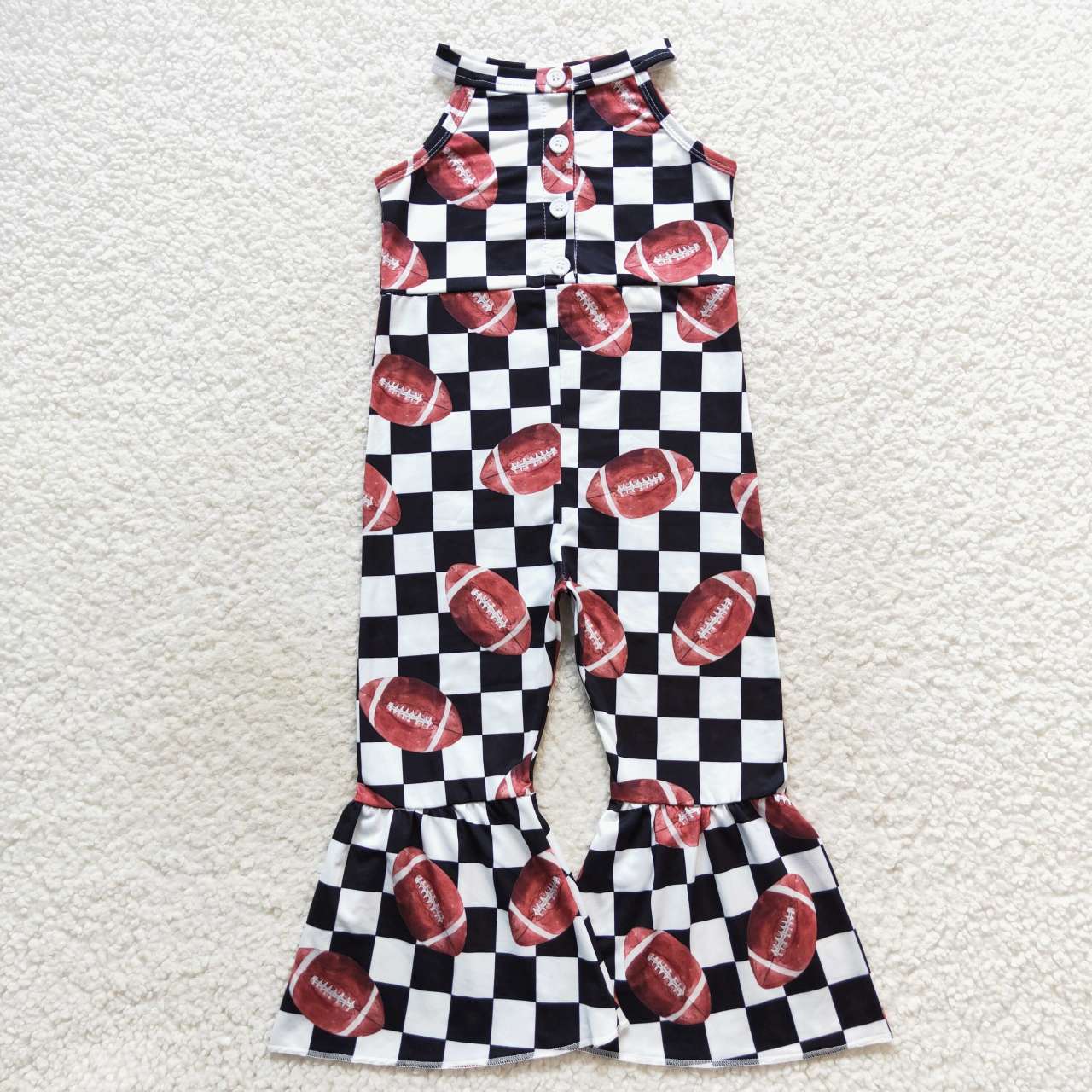 SR0445 RTS checkerboard football short sleeve girl jumpsuit overall 20230917