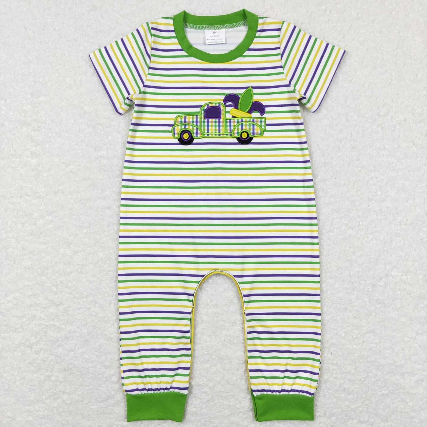 SR0519 RTS Mardi Gras embroidered puple green short sleeve BOY romper 20231204