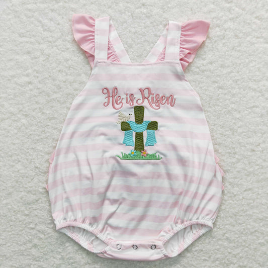 SR0564 Cross embroidery risen Easter long sleeve girl romper 2023112