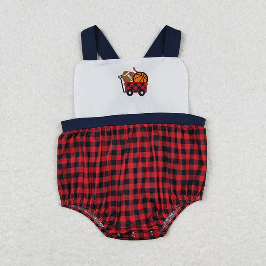 SR0753 embroidery basketball red plaid girl romper 202403 rts