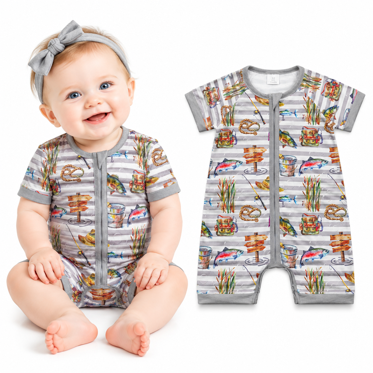 NO MOQ RTS SR0842 Baby Boy Clothes Fishing Fish Stripe Print Short Sleeve Zipper Romper 202610
