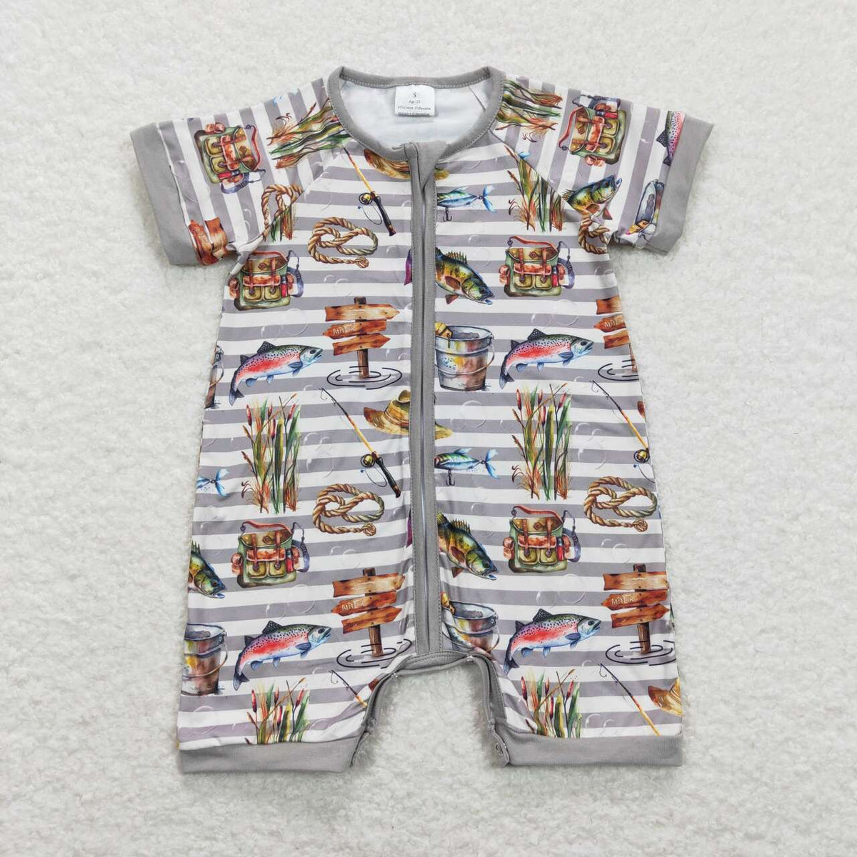 NO MOQ RTS SR0842 Baby Boy Clothes Fishing Fish Stripe Print Short Sleeve Zipper Romper 202610
