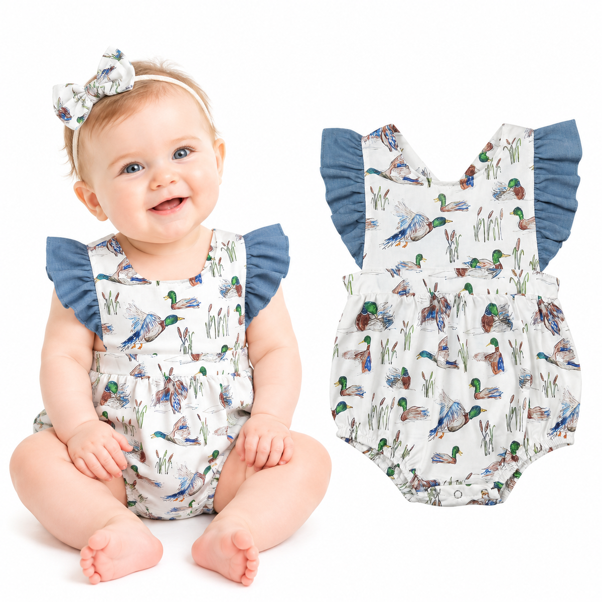 NO MOQ RTS SR0893 Baby Girl Clothes Wild Duck Watercolor Print Sleeveless Ruffle Strap Bubble Romper 202610