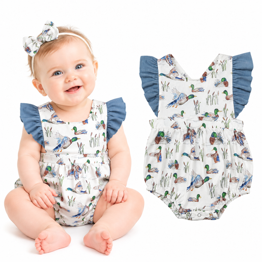 NO MOQ RTS SR0893 Baby Girl Clothes Wild Duck Watercolor Print Sleeveless Ruffle Strap Bubble Romper 202610