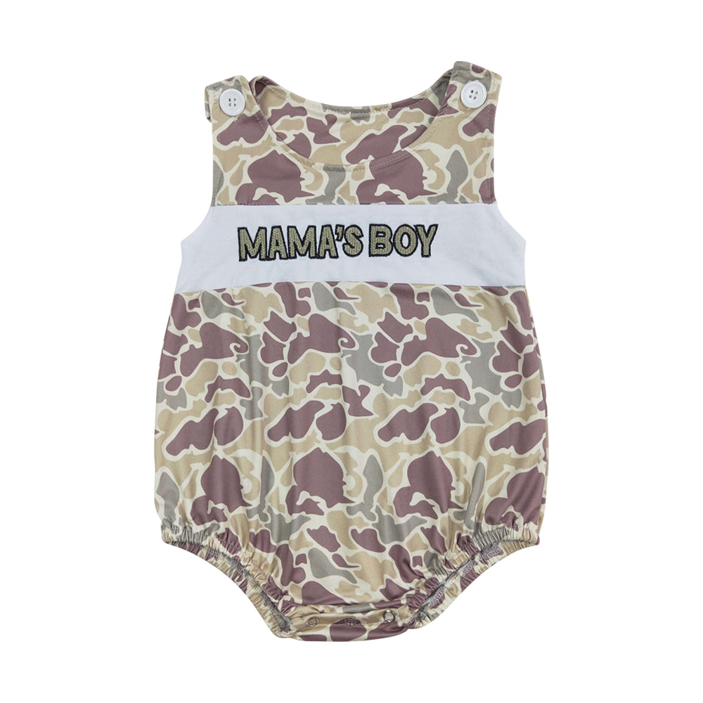 NO MOQ RTS SR0995 Baby Boy Clothes MAMA'S BOY Letter Patch Dusty Purple Camo Print Sleeveless Bubble Romper 202610