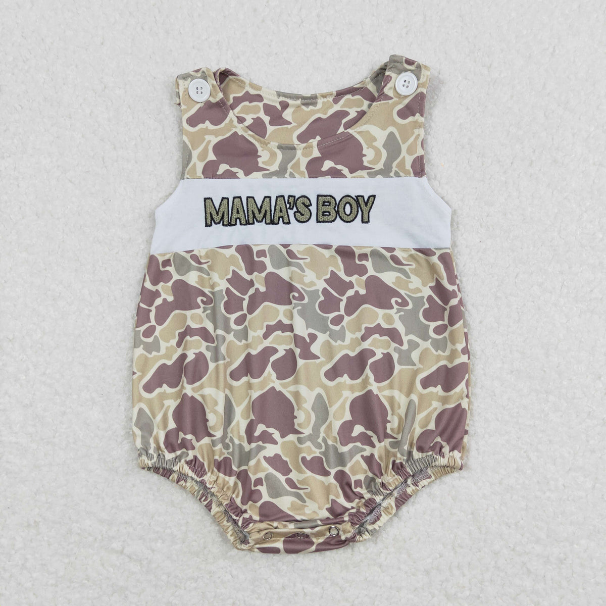 NO MOQ RTS SR0995 Baby Boy Clothes MAMA'S BOY Letter Patch Dusty Purple Camo Print Sleeveless Bubble Romper 202610