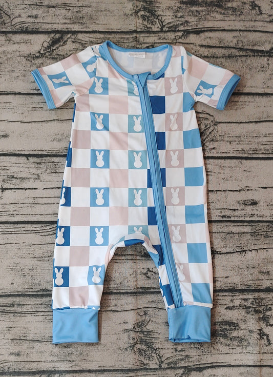 SR1013 easter bunny checkerboard boy romper preorder 202401