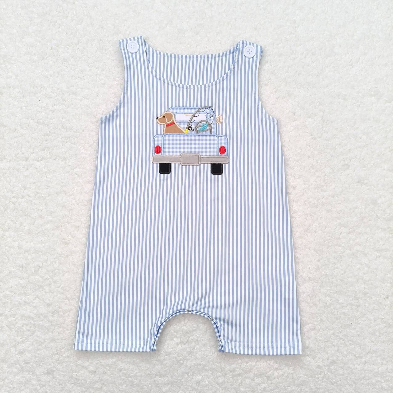 SR1170 dog fishing boy romper 202405 RTS Embroidery  sibling