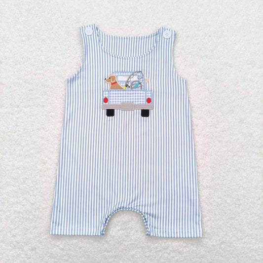 SR1170 dog fishing boy romper 202405 RTS Embroidery  sibling