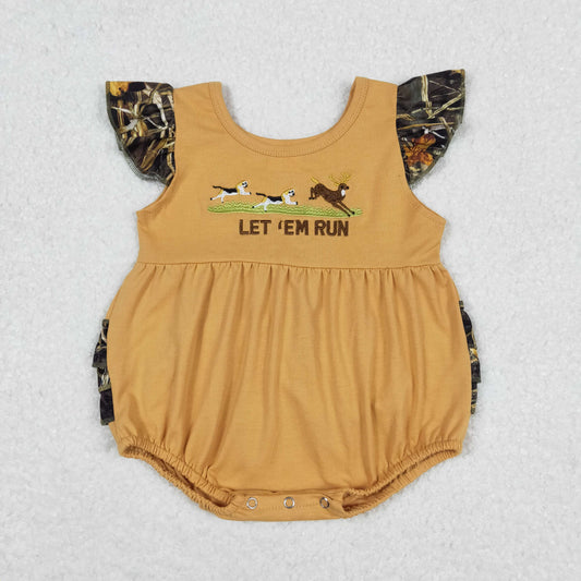 SR1219 embroidery hunt dog deer girl romper 202405 RTS sibling