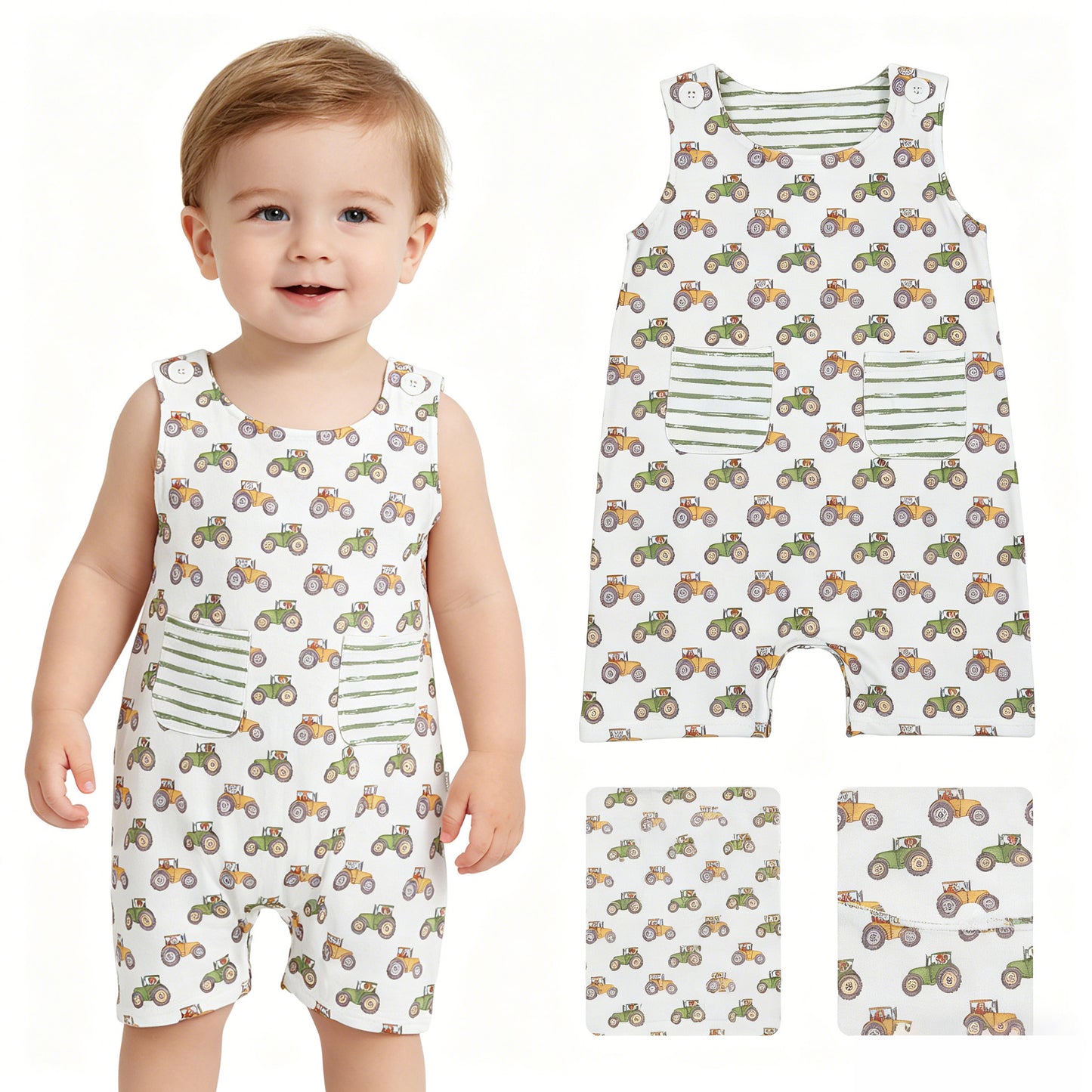 SR1586  tractor pocket boy romper 202406 RTS