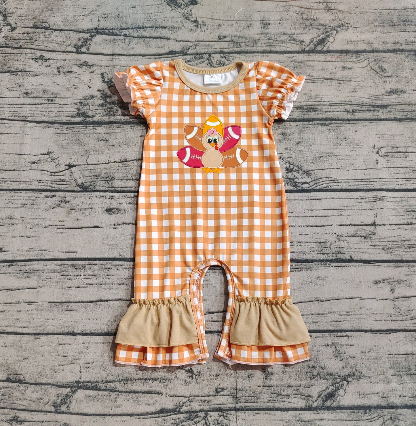 SR1886 embroidery turkey orange plaid Thanksgiving sibling boy romper 202409 preorder