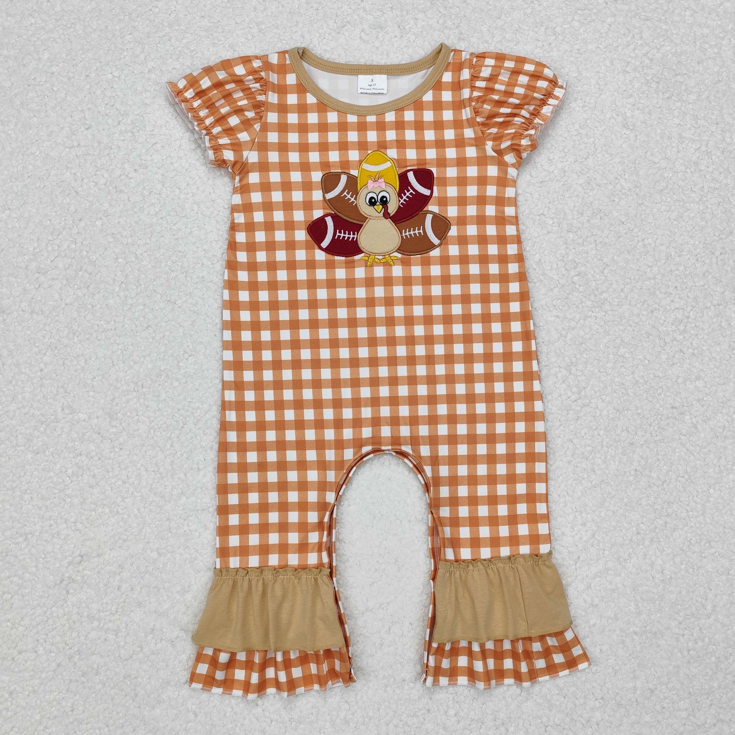 SR1886 embroidery turkey orange plaid Thanksgiving sibling boy romper 202411 RTS