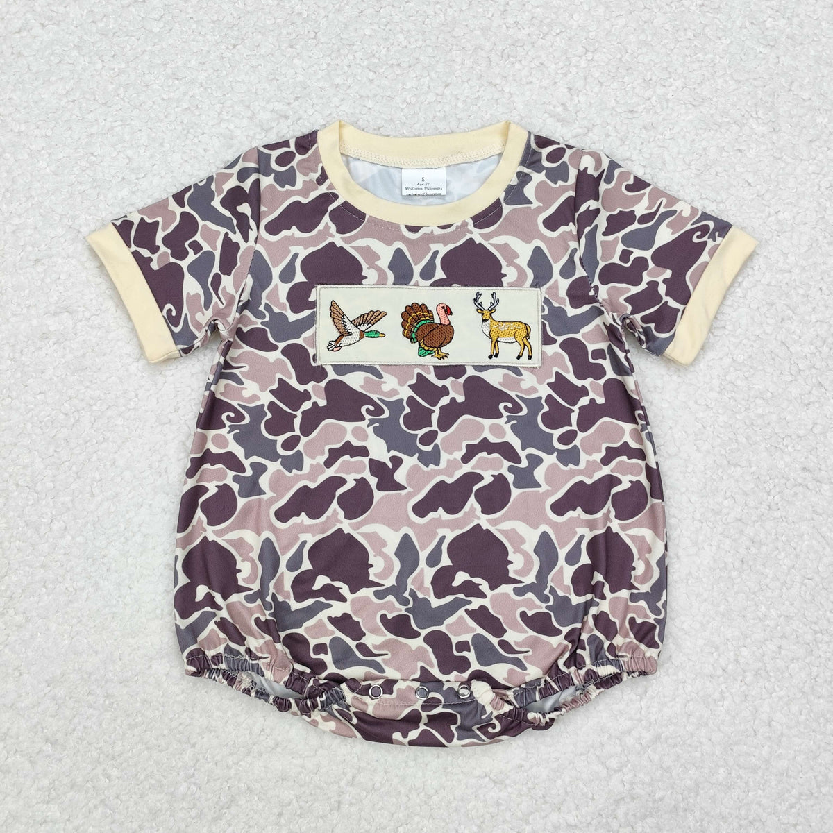 NO MOQ RTS SR1902 Baby Boy Clothes Hunting Animal Patch Camo Print Short Sleeve Bubble Romper 202610