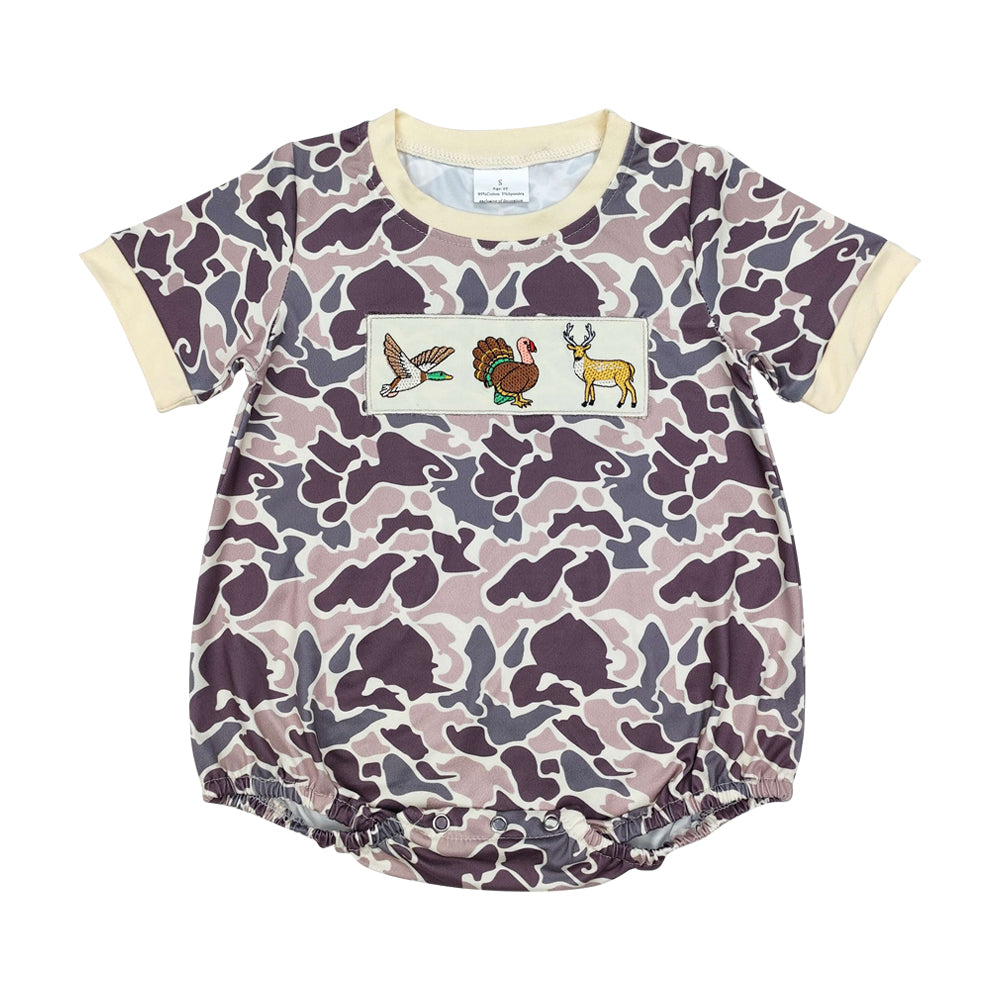 NO MOQ RTS SR1902 Baby Boy Clothes Hunting Animal Patch Camo Print Short Sleeve Bubble Romper 202610
