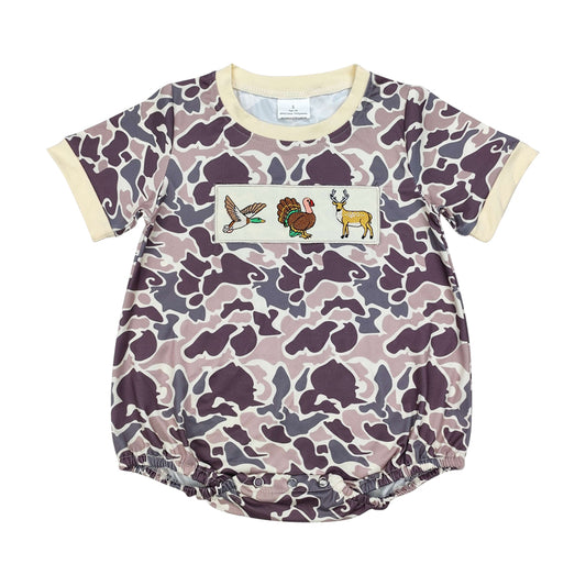NO MOQ RTS SR1902 Baby Boy Clothes Hunting Animal Patch Camo Print Short Sleeve Bubble Romper 202610