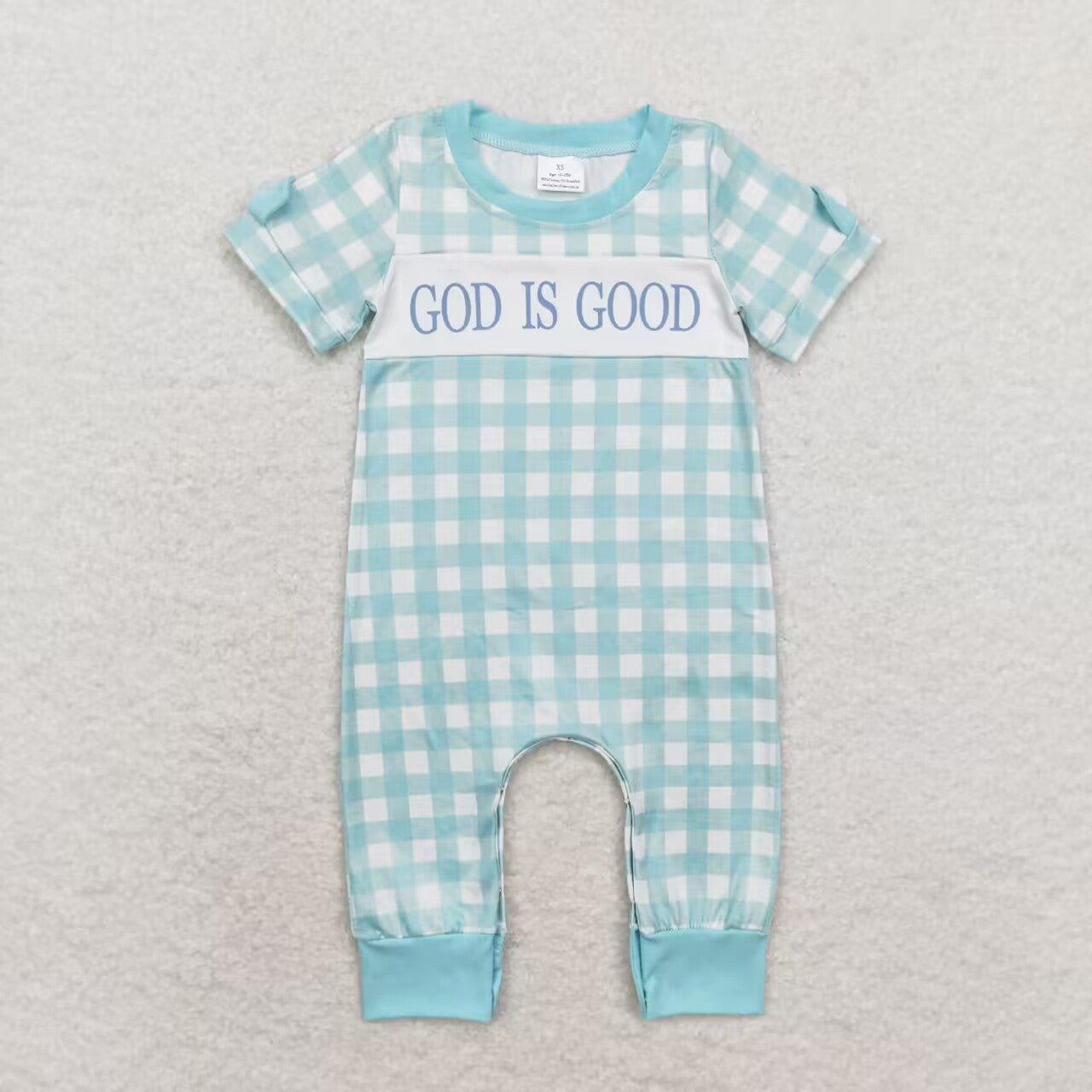 god is good green plaid SR1939 girl romper 202408 sibling rts