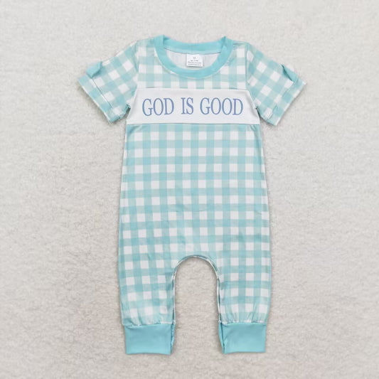 god is good green plaid SR1939 girl romper 202408 sibling rts