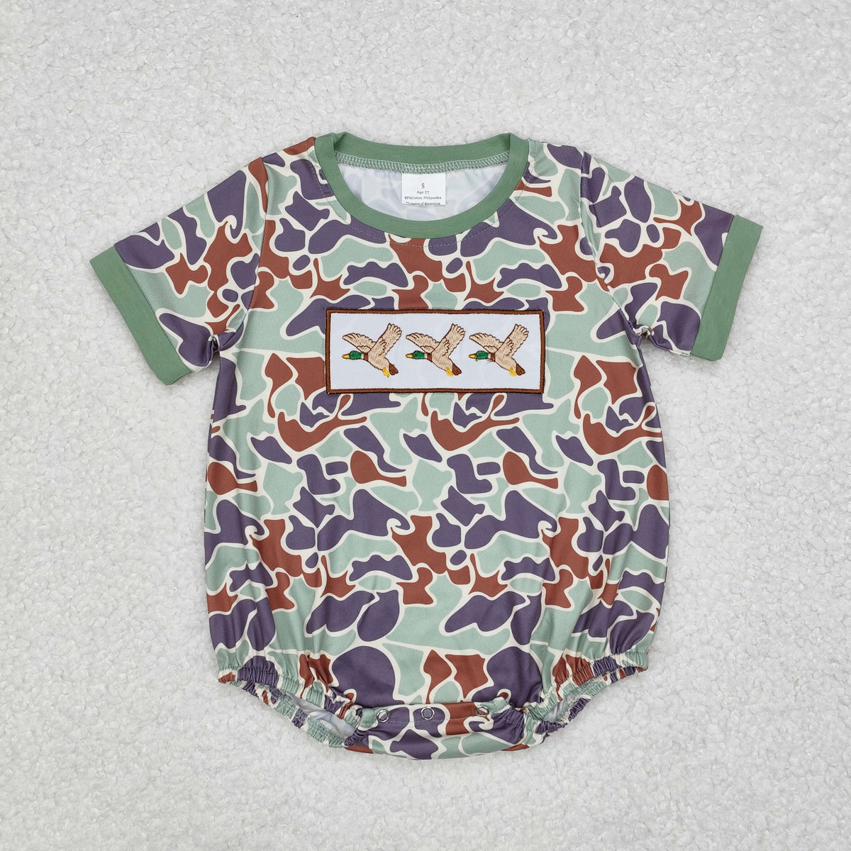 NO MOQ RTS SR2011 Baby Boy Clothes Duck Embroidery Patch Camo Print Short Sleeve Bubble Romper 202610