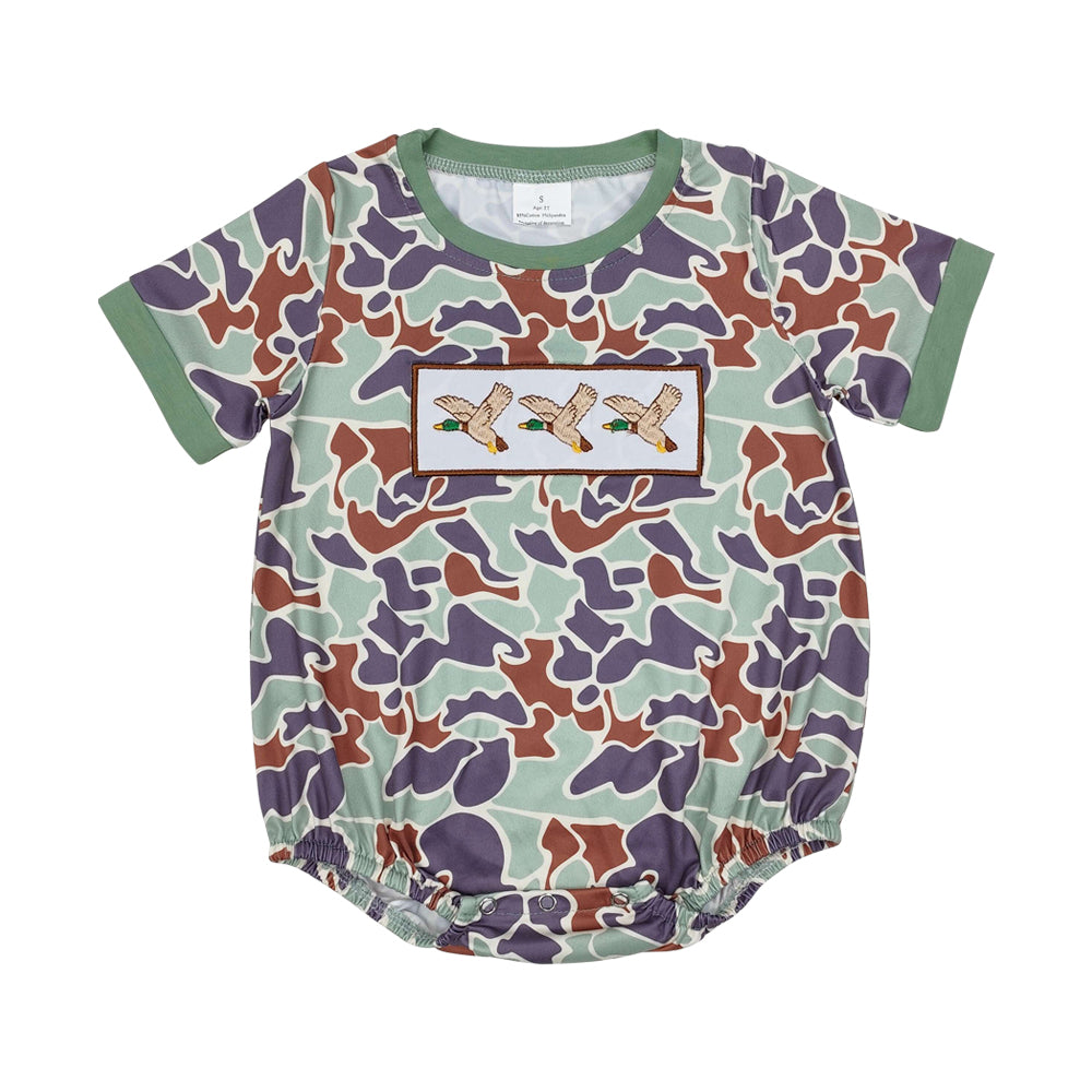 NO MOQ RTS SR2011 Baby Boy Clothes Duck Embroidery Patch Camo Print Short Sleeve Bubble Romper 202610
